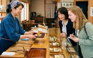 Une vendeuse présente une pâtisserie japonaise wagashi à deux clientes dans une boutique